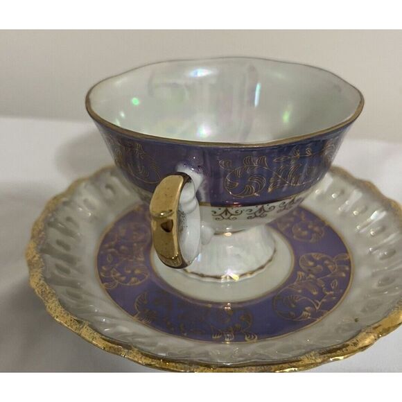 Vintage KPM Japan Lusterware Periwinkle Footed Tea Cup and‎ Saucer Luminous - Picture 3 of 7